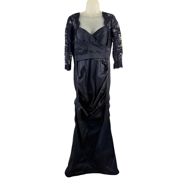 Teri Jon Dresses & Skirts - Teri Jon Dress Womens 8 Navy Blue Lace Sequin Mermaid Maxi Ruched Formal Gown